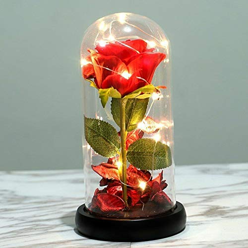 Rosa eterna en cúpula de cristal, rosa preservada en cúpula modelo La Bella y la Bestia, con luz led; regalo para el Día de la Madre, cumpleaños, bodas, aniversarios