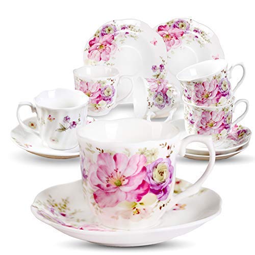 Rosa Juego De 6 Tazas De Espresso Porcelana - 80ML Diseño De Relieve Creativas Tacitas Filo Dorado Tazas De La Cena Y Platos Ideales Para Café Solo, Cortado (6 Flores Espresso Tazas 80ML)