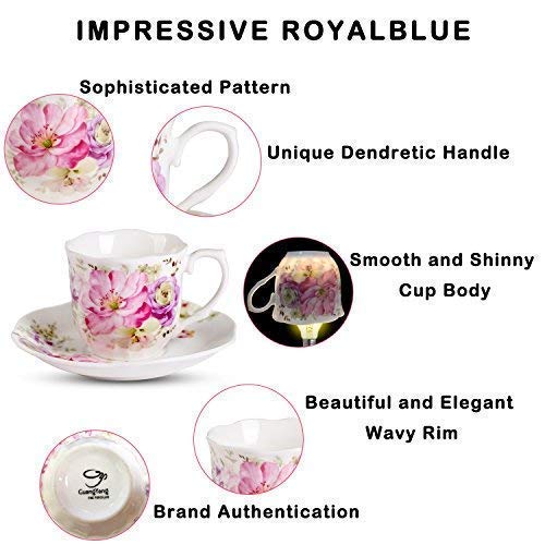 Rosa Juego De 6 Tazas De Espresso Porcelana - 80ML Diseño De Relieve Creativas Tacitas Filo Dorado Tazas De La Cena Y Platos Ideales Para Café Solo, Cortado (6 Flores Espresso Tazas 80ML)