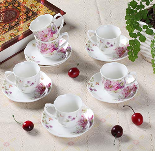 Rosa Juego De 6 Tazas De Espresso Porcelana - 80ML Diseño De Relieve Creativas Tacitas Filo Dorado Tazas De La Cena Y Platos Ideales Para Café Solo, Cortado (6 Flores Espresso Tazas 80ML)