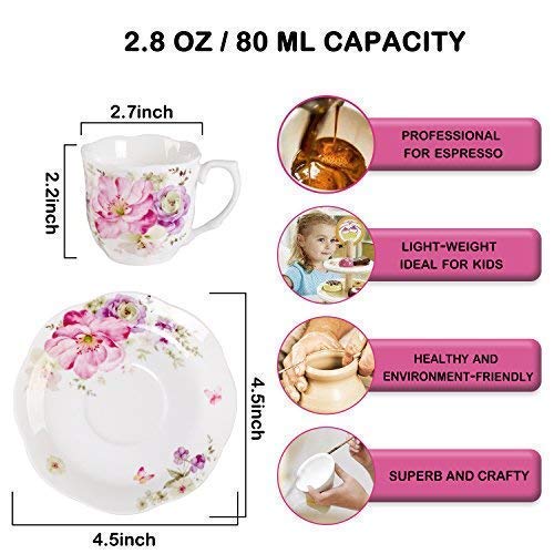 Rosa Juego De 6 Tazas De Espresso Porcelana - 80ML Diseño De Relieve Creativas Tacitas Filo Dorado Tazas De La Cena Y Platos Ideales Para Café Solo, Cortado (6 Flores Espresso Tazas 80ML)