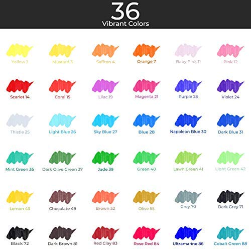 Rotuladores a base de agua de 36 colores Ohuhu, con un bloc de 12 hojas y un pincel mezclador. Rotuladores a base de agua con puntas de nylon flexibles para colorear, practicar caligrafía, dibujar