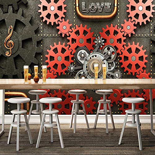 Rovovom® Mural Restaurante Photo Wallpaper 3D Maquinaria De Engranaje Rojo Negro Retro (W) 200X (H) 150Cm Lona Autoadhesiva Fondo De Pared De Cafetería Decoración Cartel Imagen Diseño