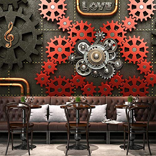 Rovovom® Mural Restaurante Photo Wallpaper 3D Maquinaria De Engranaje Rojo Negro Retro (W) 200X (H) 150Cm Lona Autoadhesiva Fondo De Pared De Cafetería Decoración Cartel Imagen Diseño