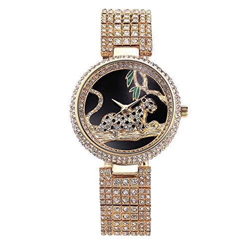 RSTONE-WTCHES Luxusuhr-Frauenrhinestone-estanco Leopard-Edelstahl-Completo Diamant-Uhr