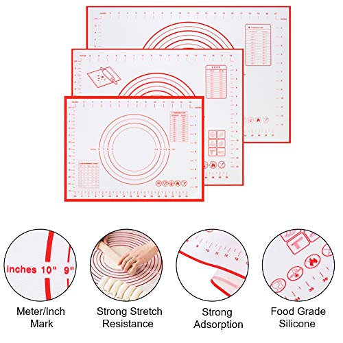 Rubywoo&chili 3 Piezas Estera de Silicona para Hornear, Tapete de Silicona Antiadherente con Medida, Almohadilla de Silicona para Hornear Galletas/Pasteles/Pizza