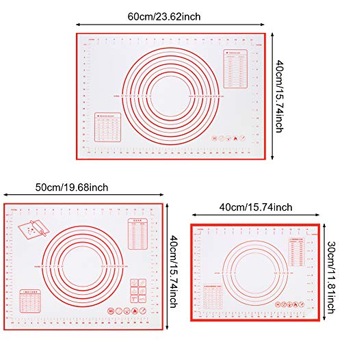 Rubywoo&chili 3 Piezas Estera de Silicona para Hornear, Tapete de Silicona Antiadherente con Medida, Almohadilla de Silicona para Hornear Galletas/Pasteles/Pizza