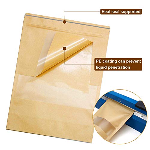 RXFSP 100Pcs Bolsa de Papel Kraft Reutilizables Marrón Ziplock Auto Sellante Stand Up con Ventana Transparente Impermeables Aplicar DIY Té Granos de Café Tea Almacenamiento de Alimentos (14 * 20cm)