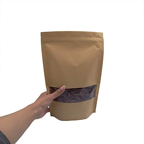 RXFSP 100Pcs Bolsa de Papel Kraft Reutilizables Marrón Ziplock Auto Sellante Stand Up con Ventana Transparente Impermeables Aplicar DIY Té Granos de Café Tea Almacenamiento de Alimentos (14 * 20cm)