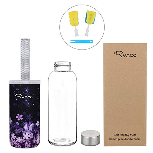 Ryaco Botella de Agua Cristal 450ml, Botella de Agua Reutilizable 15oz, Sin BPA Antideslizante Protección Neopreno Llevar Manga con Acero Inoxidable Tapas Elegante de Borosilicato Botella