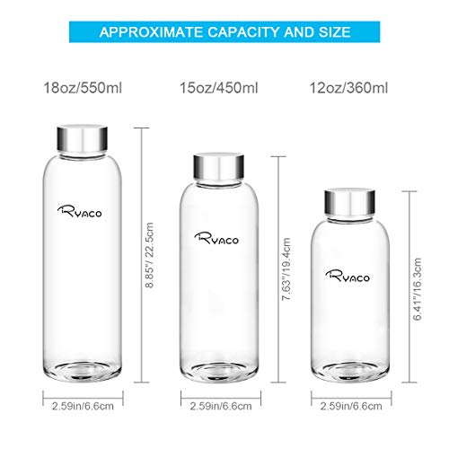 Ryaco Botella de Agua Cristal 450ml, Botella de Agua Reutilizable 15oz, Sin BPA Antideslizante Protección Neopreno Llevar Manga con Acero Inoxidable Tapas Elegante de Borosilicato Botella