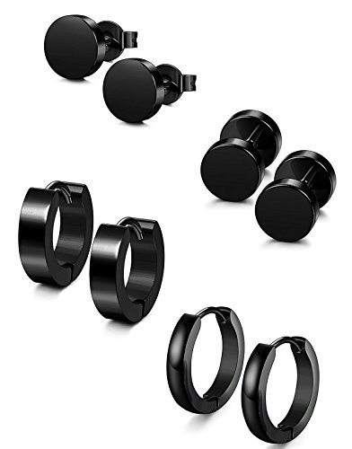 Sailimue 4 Pares 18G Acero Inoxidable Aro Pendientes pour Hombre Mujer Redondos Pendientes Aretes Piercing Oreja Negro