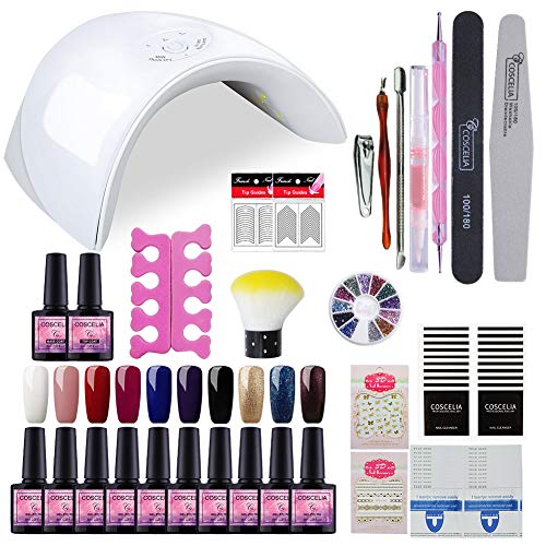 Saint-Acior Kit Uñas Semipermanente10PCS Esmalte en Gel Soak off 8ml 36W UV/LED Lámpara Secador de Uñas Top Coat Base Coat Kit para Manicura Pedicura