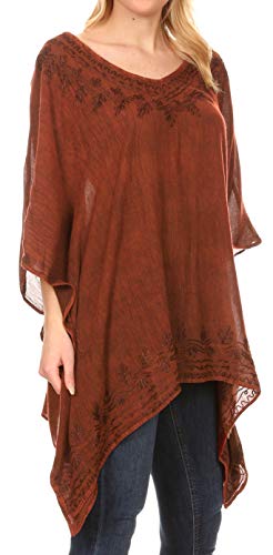 Sakkas 1801 - Poncho de Lavado con Piedras Ligeras de Regina, Blusa con Tapa de cafán, para Mujer - Rojo - SO