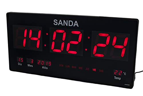 Sanda SD-0006 Reloj Digital de Pared Led Color Rojo Calendario Termometro Clock Hora Fuente de Alimentacion