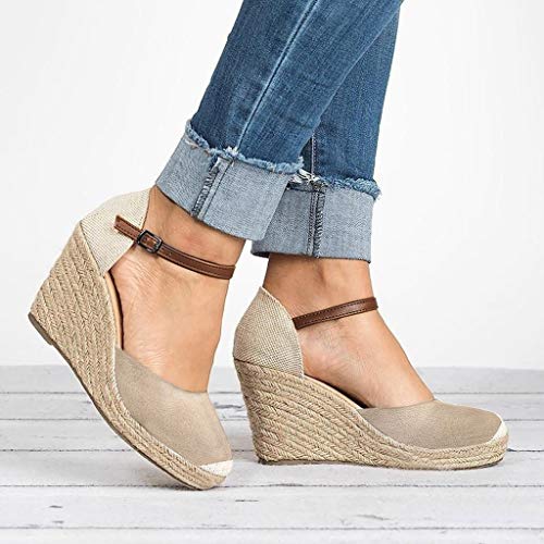 Sandalias Mujer Verano 2019, VECDY Moda para Mujer Flock Wedges Tobillo Alto Sandalias al Aire Libre Punta Redonda Calzado Casual cuña 6cm Casual Calzados Zapatillas（Beige，EU-35）