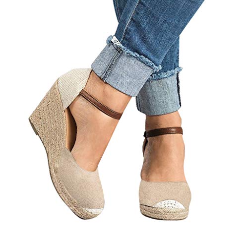 Sandalias Mujer Verano 2019, VECDY Moda para Mujer Flock Wedges Tobillo Alto Sandalias al Aire Libre Punta Redonda Calzado Casual cuña 6cm Casual Calzados Zapatillas（Beige，EU-35）