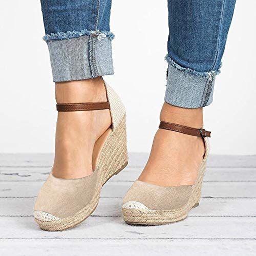 Sandalias Mujer Verano 2019, VECDY Moda para Mujer Flock Wedges Tobillo Alto Sandalias al Aire Libre Punta Redonda Calzado Casual cuña 6cm Casual Calzados Zapatillas（Beige，EU-35）