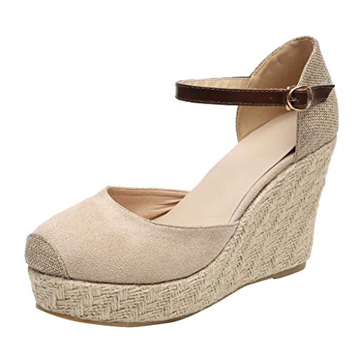 Sandalias Mujer Verano 2019, VECDY Moda para Mujer Flock Wedges Tobillo Alto Sandalias al Aire Libre Punta Redonda Calzado Casual cuña 6cm Casual Calzados Zapatillas（Beige，EU-35）