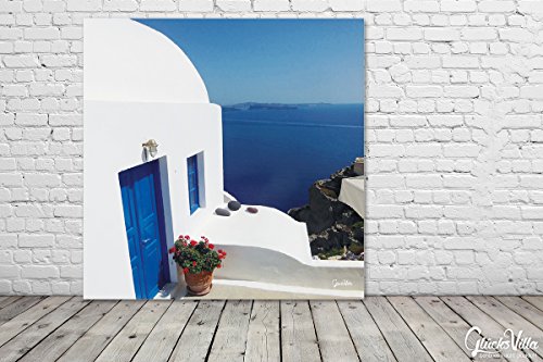 Santorin du Perle 12 - XXL - Cuadro de pared (60 x 60 cm, impresión digital sobre lienzo, marco de 2 cm), diseño de Grecia, Egeo, mar de la isla de Grecia, casa, ventana, color blanco y azul