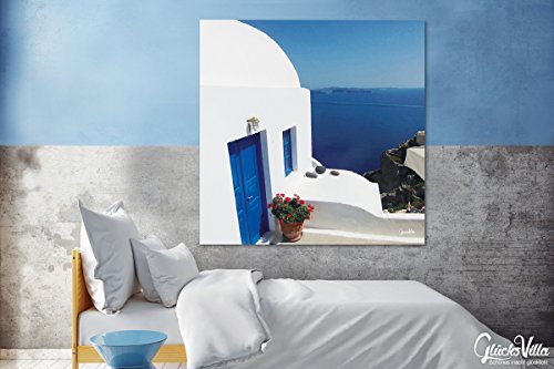 Santorin du Perle 12 - XXL - Cuadro de pared (60 x 60 cm, impresión digital sobre lienzo, marco de 2 cm), diseño de Grecia, Egeo, mar de la isla de Grecia, casa, ventana, color blanco y azul