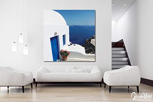 Santorin du Perle 12 - XXL - Cuadro de pared (60 x 60 cm, impresión digital sobre lienzo, marco de 2 cm), diseño de Grecia, Egeo, mar de la isla de Grecia, casa, ventana, color blanco y azul
