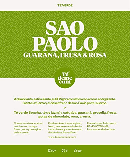 SAO PAOLO Gourmet 100gr. Té verde sencha,Té de jazmín, catuaba, guaraná, grosella, gotas de chocolate, fresa, rosa, aroma.