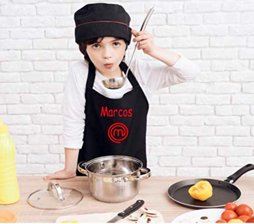 SAQUITOMAGICO Delantal Masterchef Junior para niños. Personalizado con tu Nombre Bordado. (niño Negro Personalizado)