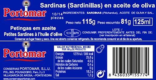 Sardinas en aceite de oliva (Sardinillas)-10-14 pzs/lata- Portomar- Pack 8 x 115gr-total= 920 gr.