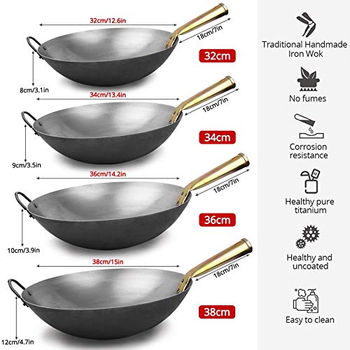 Sartén wok Woks alta calidad china tradicional hecha a mano Iron Wok Iron Wok Pan gas y utensilios de cocina cocina de inducción 32cm / 34cm / 36cm / 38cm (Color : Lid, Sheet Size : 32cm)