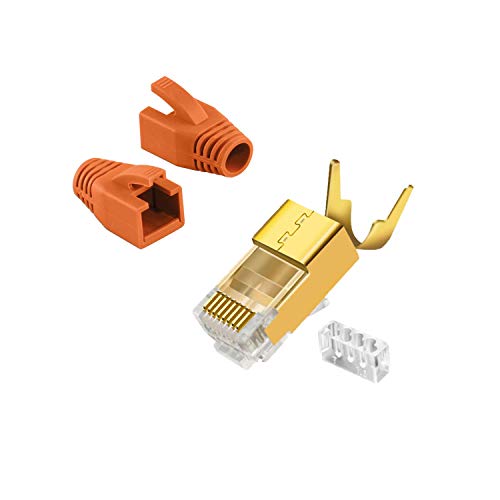 SatShop-FT - Conector de red modular RJ45 con alivio de tensión (cat. 7, cat. 6a, cat. 6, AWG23, 8 pines) RJ 45 chapado en oro naranja. 10x