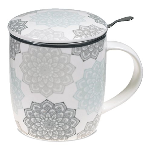 Satya - Caja de regalo gris mandala, con taza de 400 cc, tapa e infusor inoxidable - Porcelana Bone China