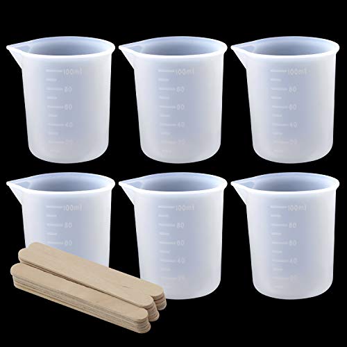 SAVITA 6 Piezas 100ml Tazas Medidoras de Silicona para Resina, Tazas para Mezclar Antiadherentes para Moldes de Fundición Epoxi para Manualidades, Escala Precisa, con 20 Palos de Madera