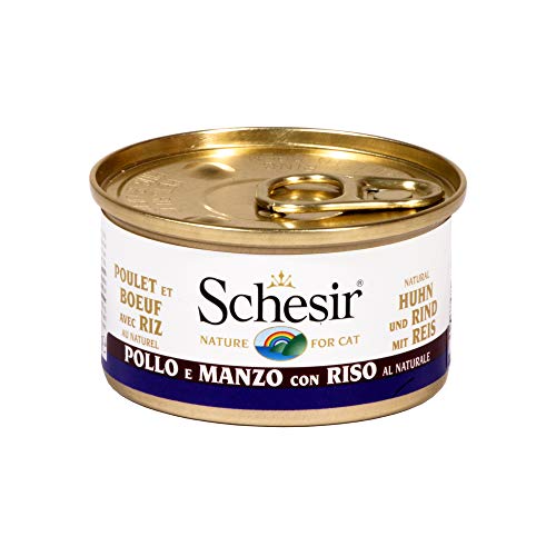 Schesir Cat Natural - Filete de gallinas con Filete de Carne y arroz, Comida para Gatos mojada en su Propio Jugo, 24 latas x 85 g