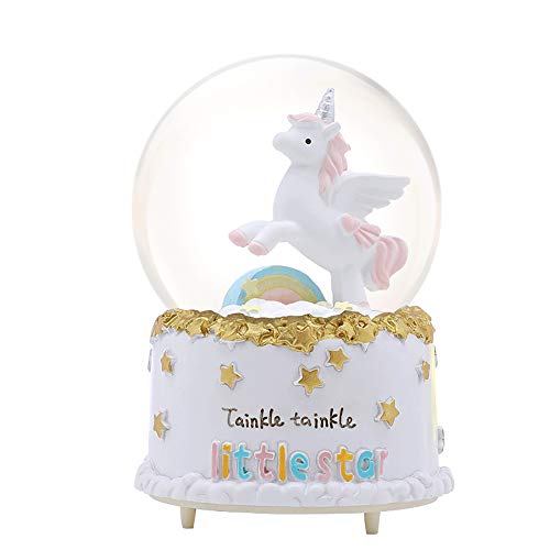 sdtdia Unicornio Personalizado Globo de Nieve Cajas de música de Vidrio Música Bola de Cristal Luz de Humor (Blanco)