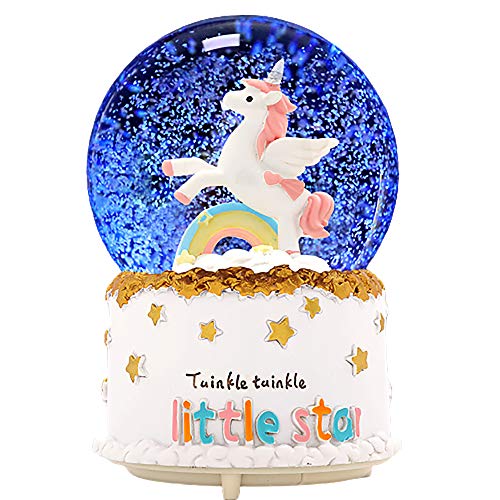 sdtdia Unicornio Personalizado Globo de Nieve Cajas de música de Vidrio Música Bola de Cristal Luz de Humor (Blanco)