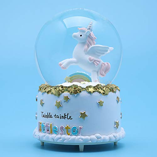 sdtdia Unicornio Personalizado Globo de Nieve Cajas de música de Vidrio Música Bola de Cristal Luz de Humor (Blanco)