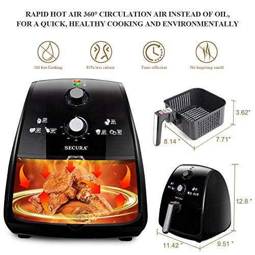 Secura Máquina freidora eléctrica de Aire Caliente con Accesorios adicionales: Recetas, Estante para Tostador y Pinchos 1500W 4L X-Grande Negro