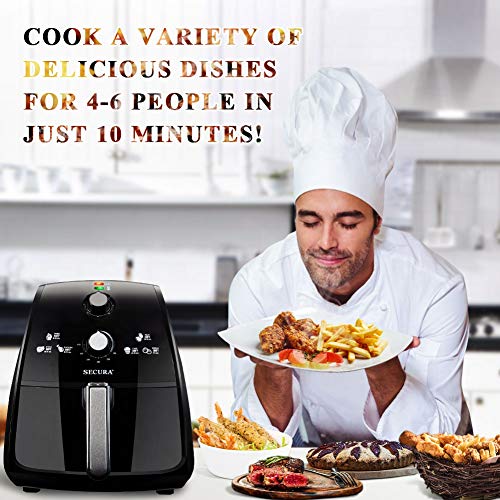 Secura Máquina freidora eléctrica de Aire Caliente con Accesorios adicionales: Recetas, Estante para Tostador y Pinchos 1500W 4L X-Grande Negro