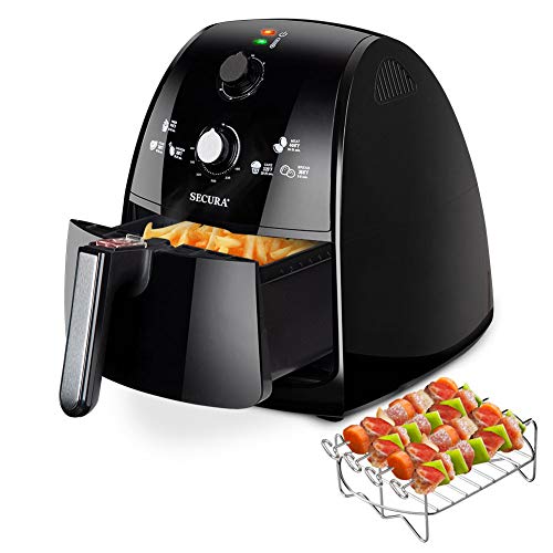 Secura Máquina freidora eléctrica de Aire Caliente con Accesorios adicionales: Recetas, Estante para Tostador y Pinchos 1500W 4L X-Grande Negro