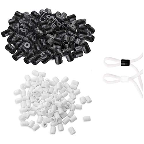 SECWELL 300 Piezas Cierres de Cordón de Silicona Suave,Cierres de Silicona para Tiras Elásticas,Tope de Cordón Ajustable para Hacer Cubierta Facial Manualidades DIY (150Blanco+150Negro)