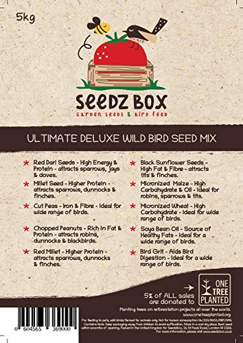 SeedzBox mezcla premium de semillas para aves silvestres.Comida para pájaros salvajes todo el año. Aceites y fibra: con mijo, cacahuetes y grit. Atrae gorriones, palomas, mirlos, petirrojos y más. 5kg