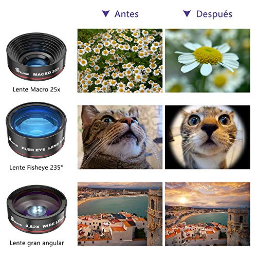 Selvim Lentes para Teléfono Móvil, 9 en 1 Kit con 22X Teleobjetivo, 235° Fisheye, 0.62X Gran Angular, 25X Macro, Versión Actualizada con Lentes BLU-Ray para Mejor Resolución, Universal iOS Android