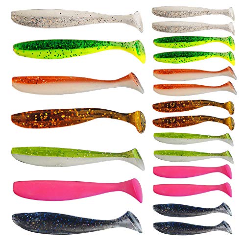 Senven 21 piezas color cebo de pesca artificial, cebo biónico de silicona suave, cebo de pesca de gusano, gusano simulado, entorno verde de plástico, cola en T - 21 Pcs.