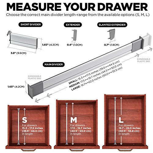 Separadores Ajustables de Cajones de Cocina, Elegante Organizador Modular de Aluminio, Juego de 9 Separadores (Mediano | para Cajones 44,5 cm - 50 cm de largo) de Practical Comfort