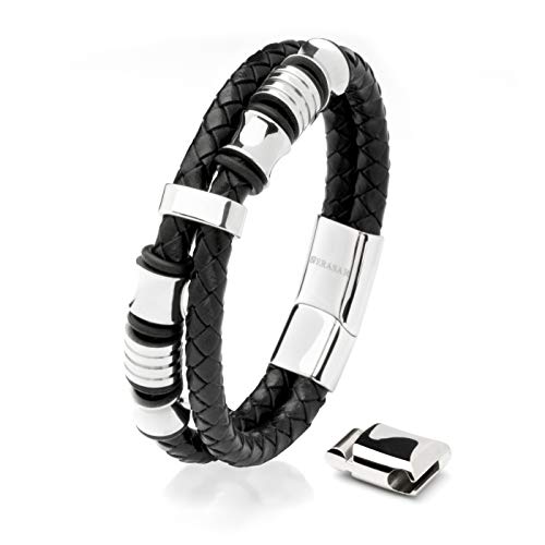 SERASAR 20cm Plata Pulsera de Cuero Hombre Chico Pulseras Hombres Brazalete Brazaletes Pulso Muñequera Muñequeras Bisuteria Bisutería Joyeria Nudos Cuerda Cuerdas Bracelet Men Jewellery Unisex Ancha