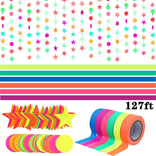 Set 127 Pies Suministros de Fiesta de Neón, 6 Colores 98,4 Pies Cinta Reactiva de Luz Negra UV, 29 Pies Guirnaldas de Papel de Neón Decoraciones Colgantes de Estrellas de Puntos Circulares