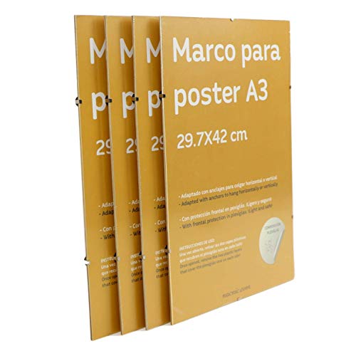 Set 4 marcos transparentes de clip . Soportes transparentes para fotos, posters, diplomas, dibujos o láminas. Tamaño A3 (29.7x42 cm). Marcos clip transparentes con plexiglas y anclajes para colgar.