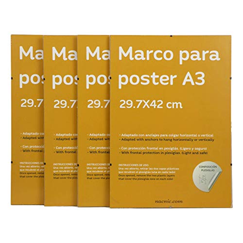 Set 4 marcos transparentes de clip . Soportes transparentes para fotos, posters, diplomas, dibujos o láminas. Tamaño A3 (29.7x42 cm). Marcos clip transparentes con plexiglas y anclajes para colgar.