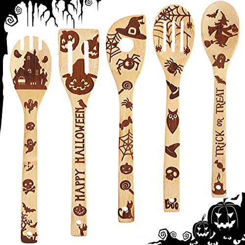 Set de 5 Piezas de Cucharas de Madera de Halloween Cuchara de Utensilios de Cocina Cucharas de Bambú de Cocina para Decoración de Fiesta de Halloween Suministros de Cocina Casa